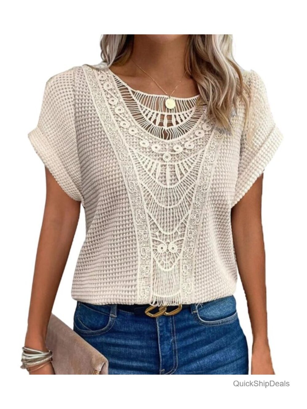 Waffle Knit Boho Lace Crochet Short Sleeve Tunic Top Loose Fit